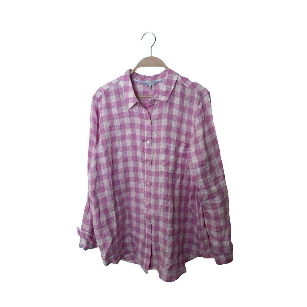 Joules jeanne cream pink gingham linen button front shirt women sz Us 12 uk 16